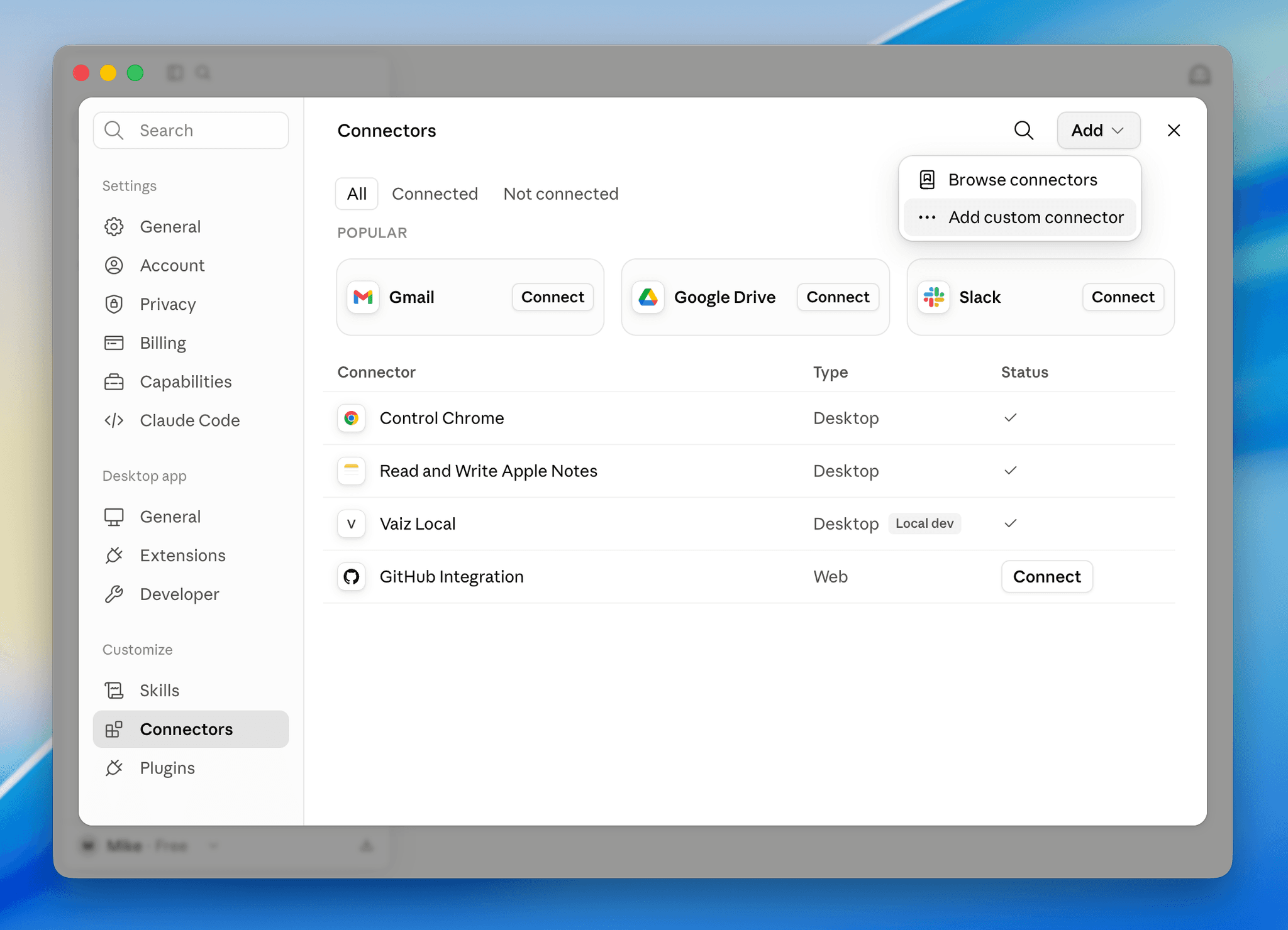 Adding a custom connector in Claude settings