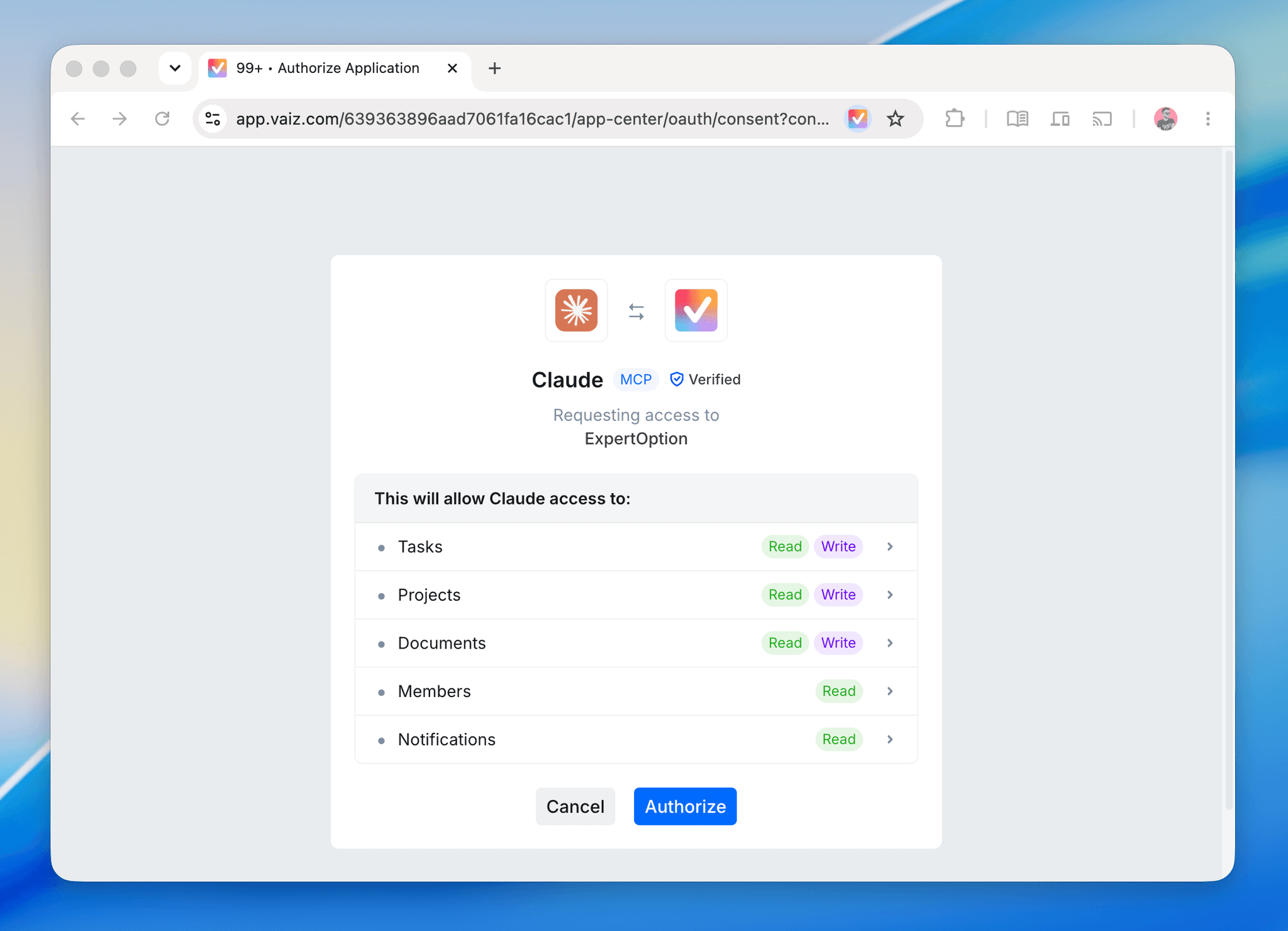 Vaiz authorization page with requested access for Claude