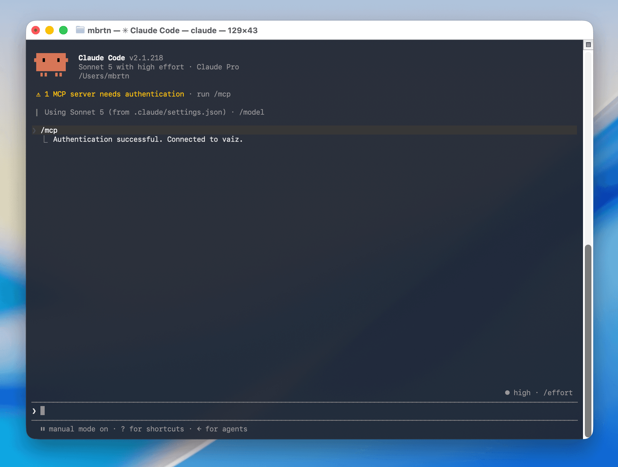 Claude Code connected to the Vaiz MCP server