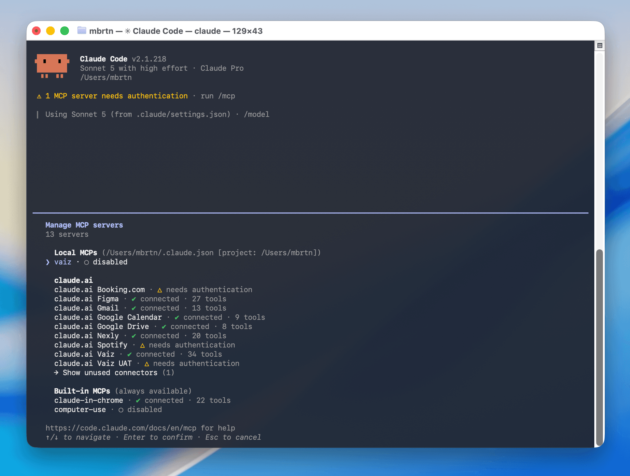 Vaiz server in the Claude Code MCP server list