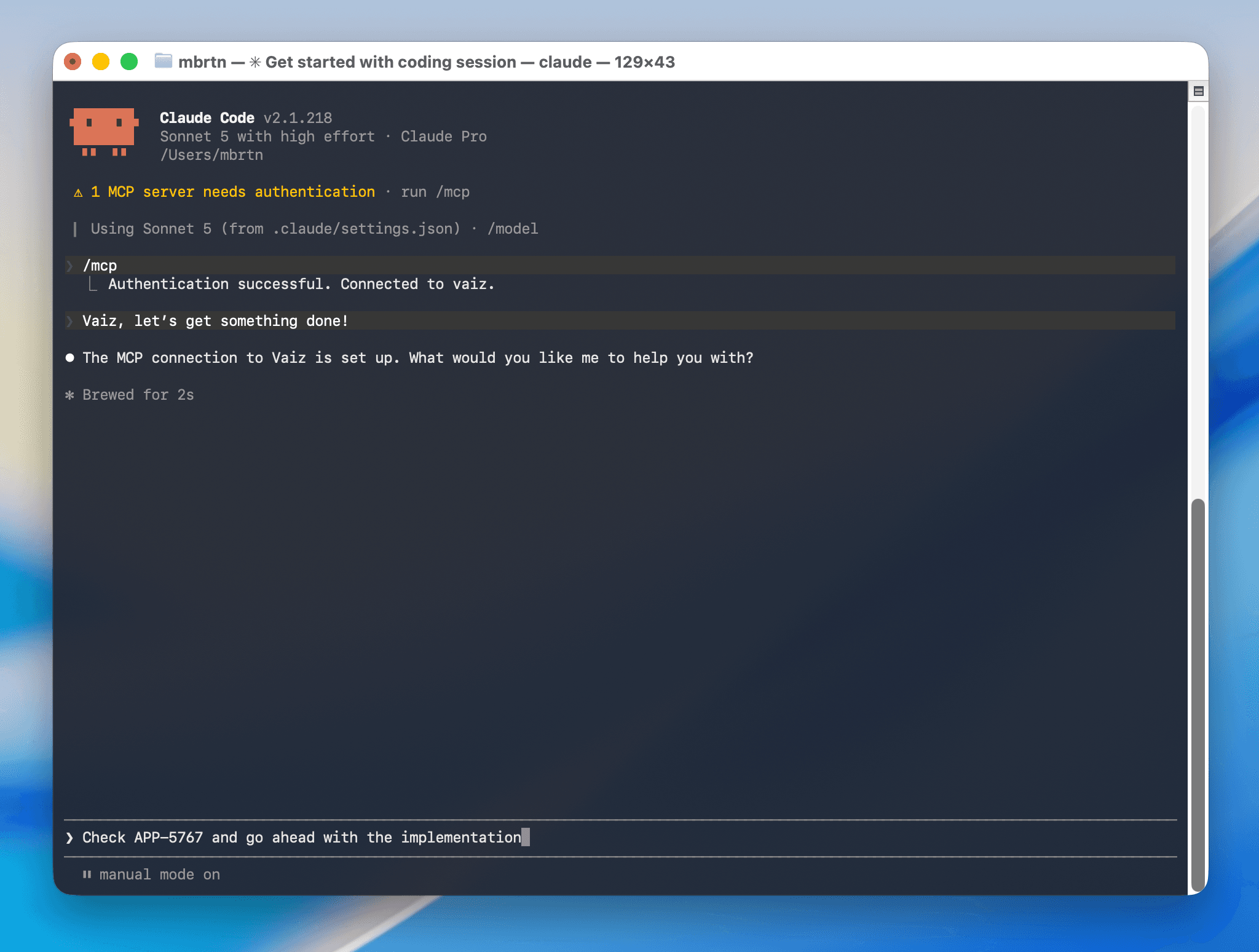 Asking Claude Code to work on a Vaiz task