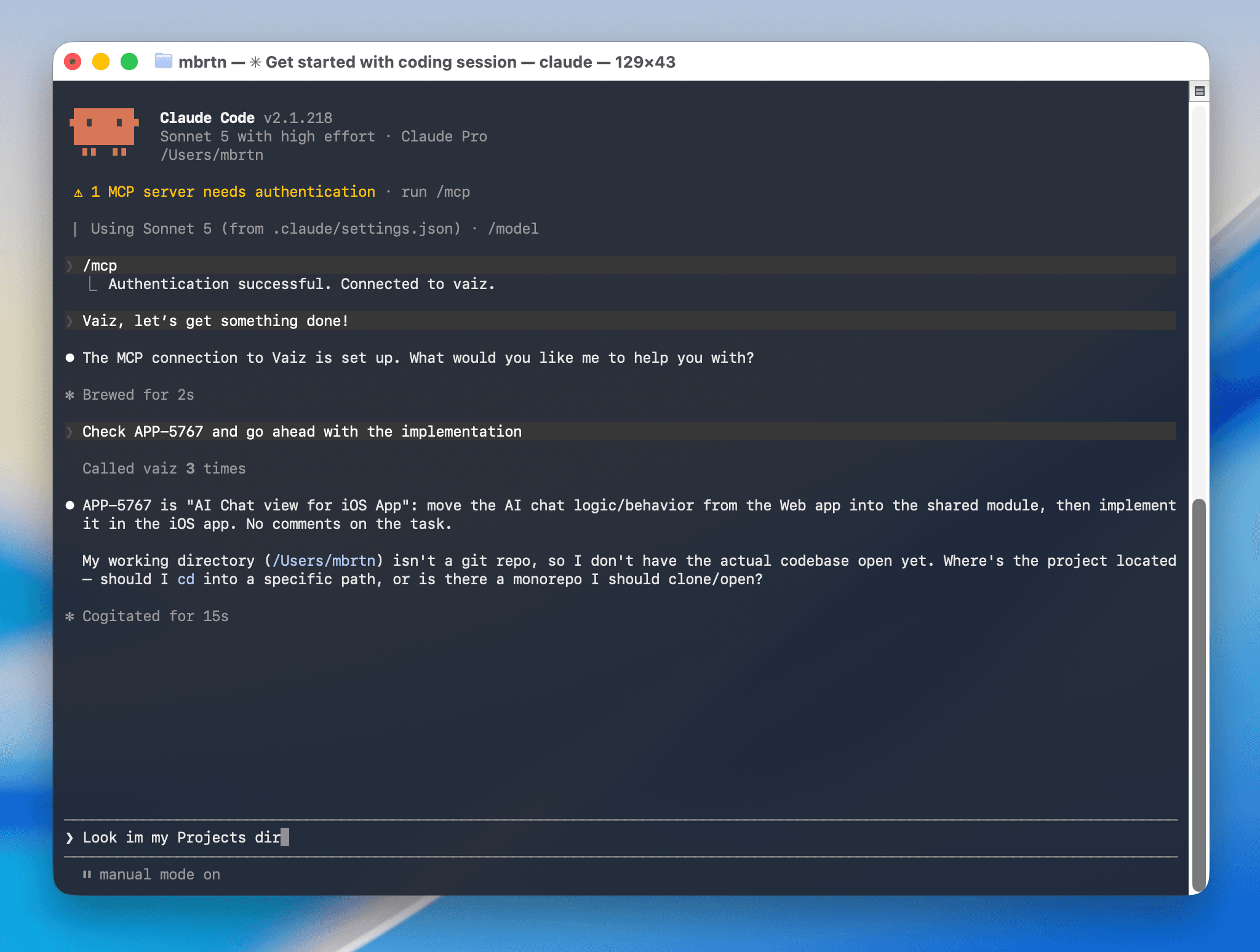 Claude Code reading a Vaiz task via MCP
