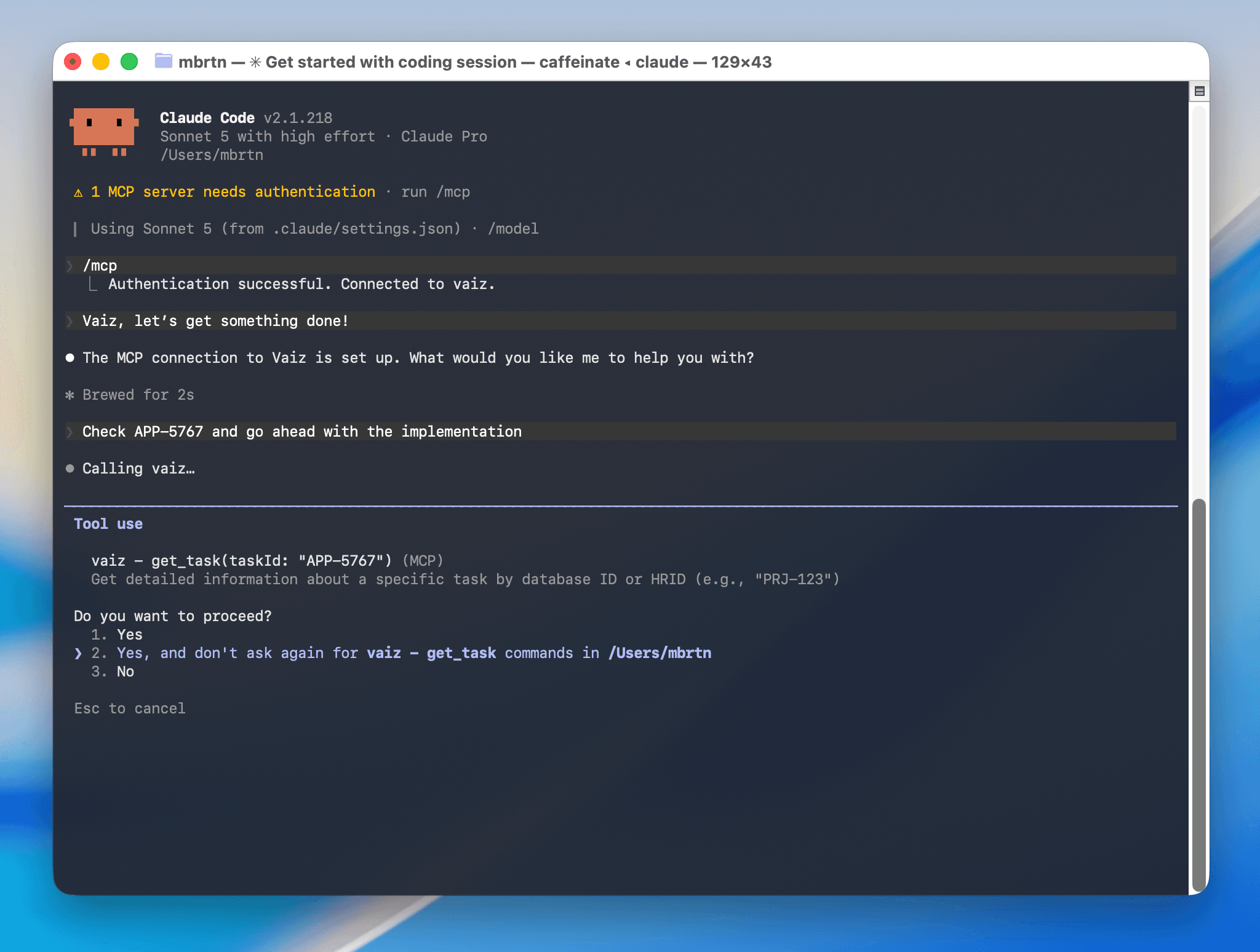 Tool permission prompt for a Vaiz MCP tool
