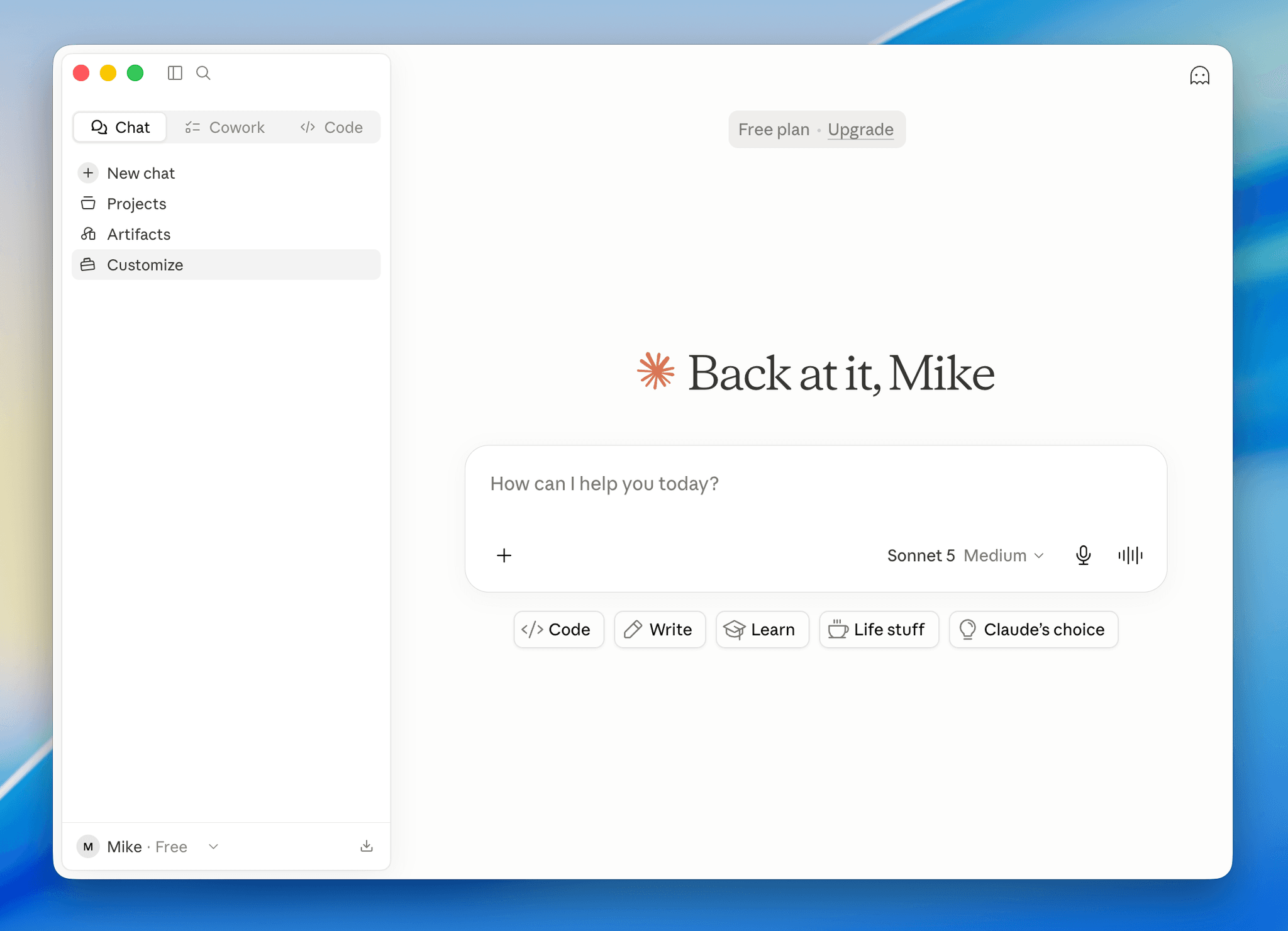 Customize section in the Claude Desktop sidebar
