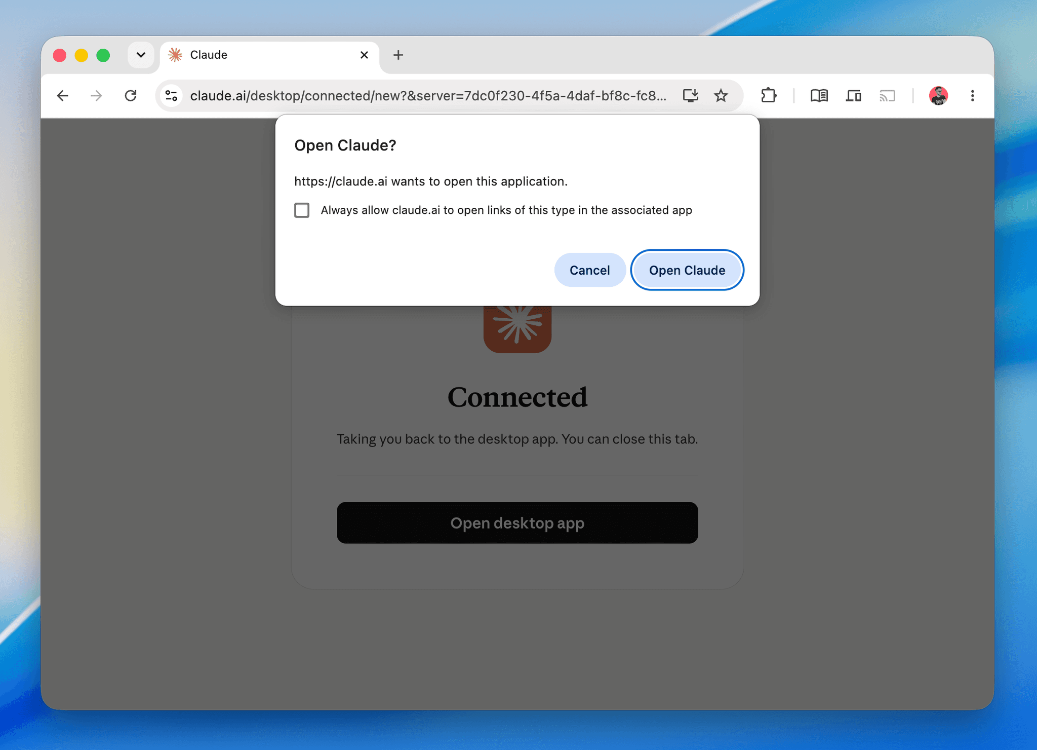 Browser prompt returning to the Claude app after authorization
