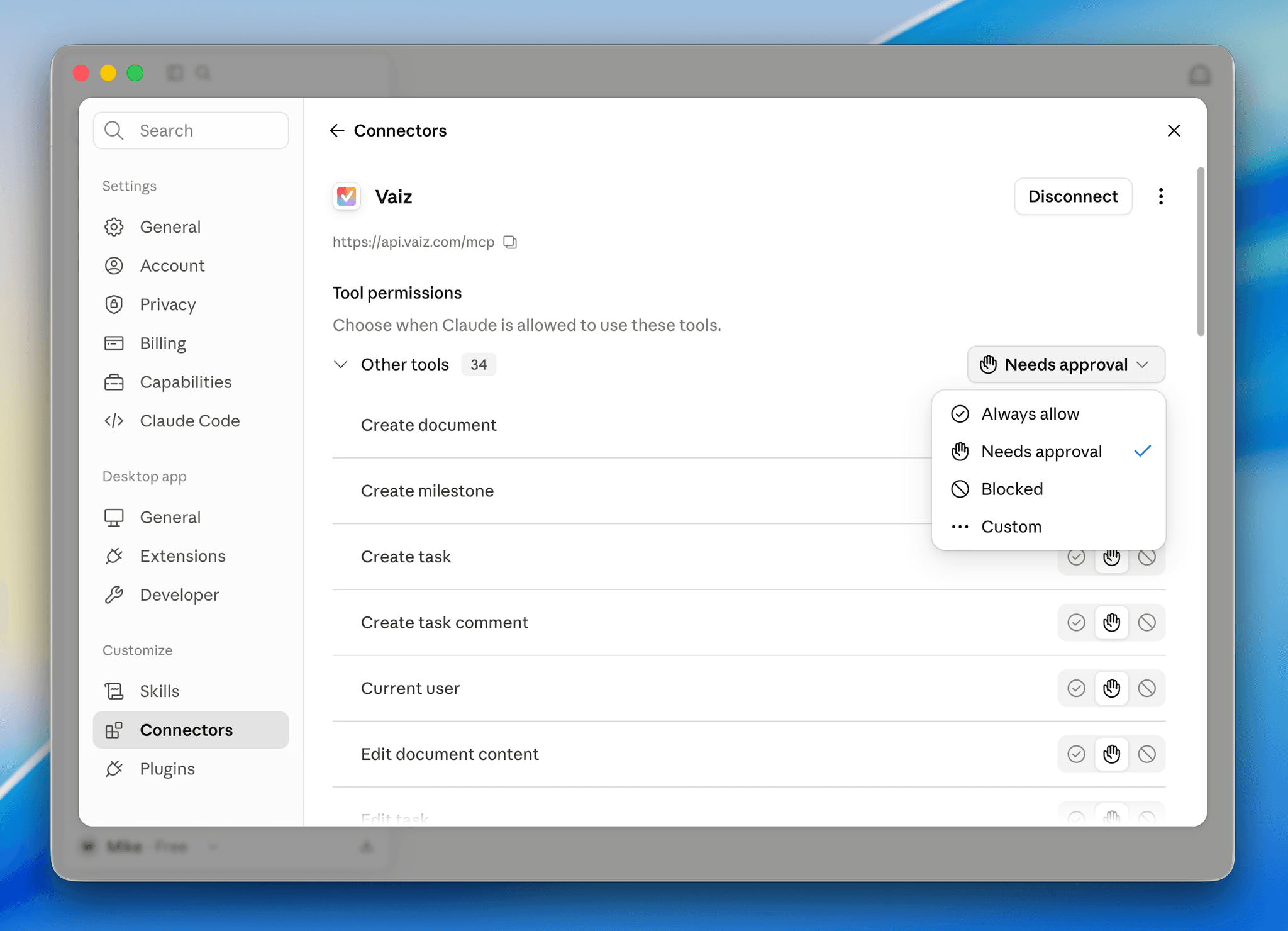 Per-tool permission settings for the Vaiz connector