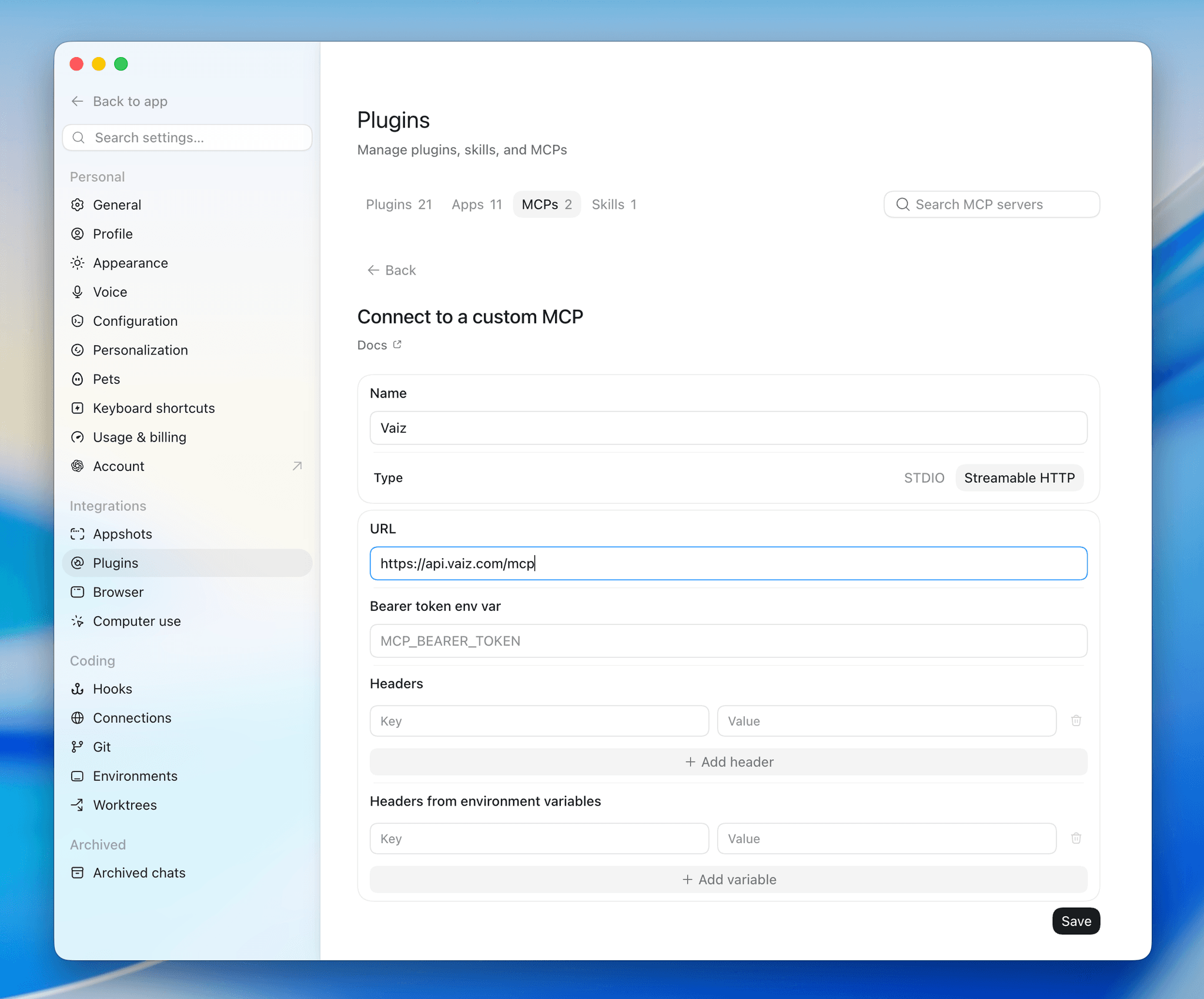 Connect to a custom MCP form with the Vaiz server URL