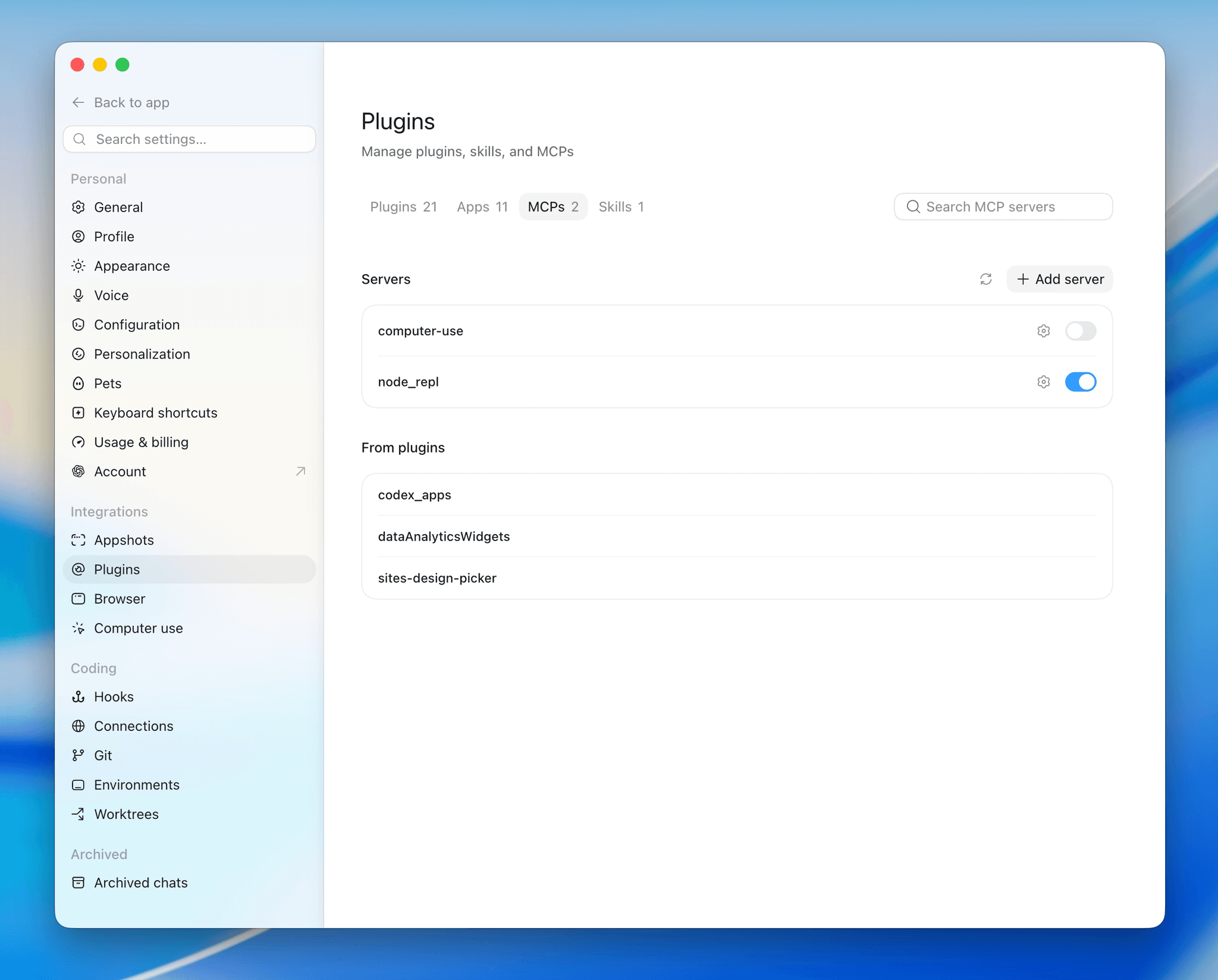 MCPs tab in the ChatGPT app plugin settings