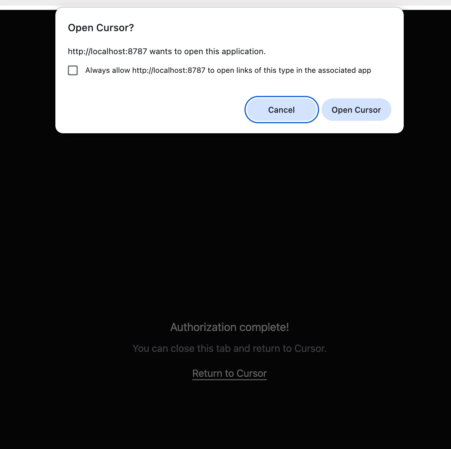 Authorization complete page returning to Cursor