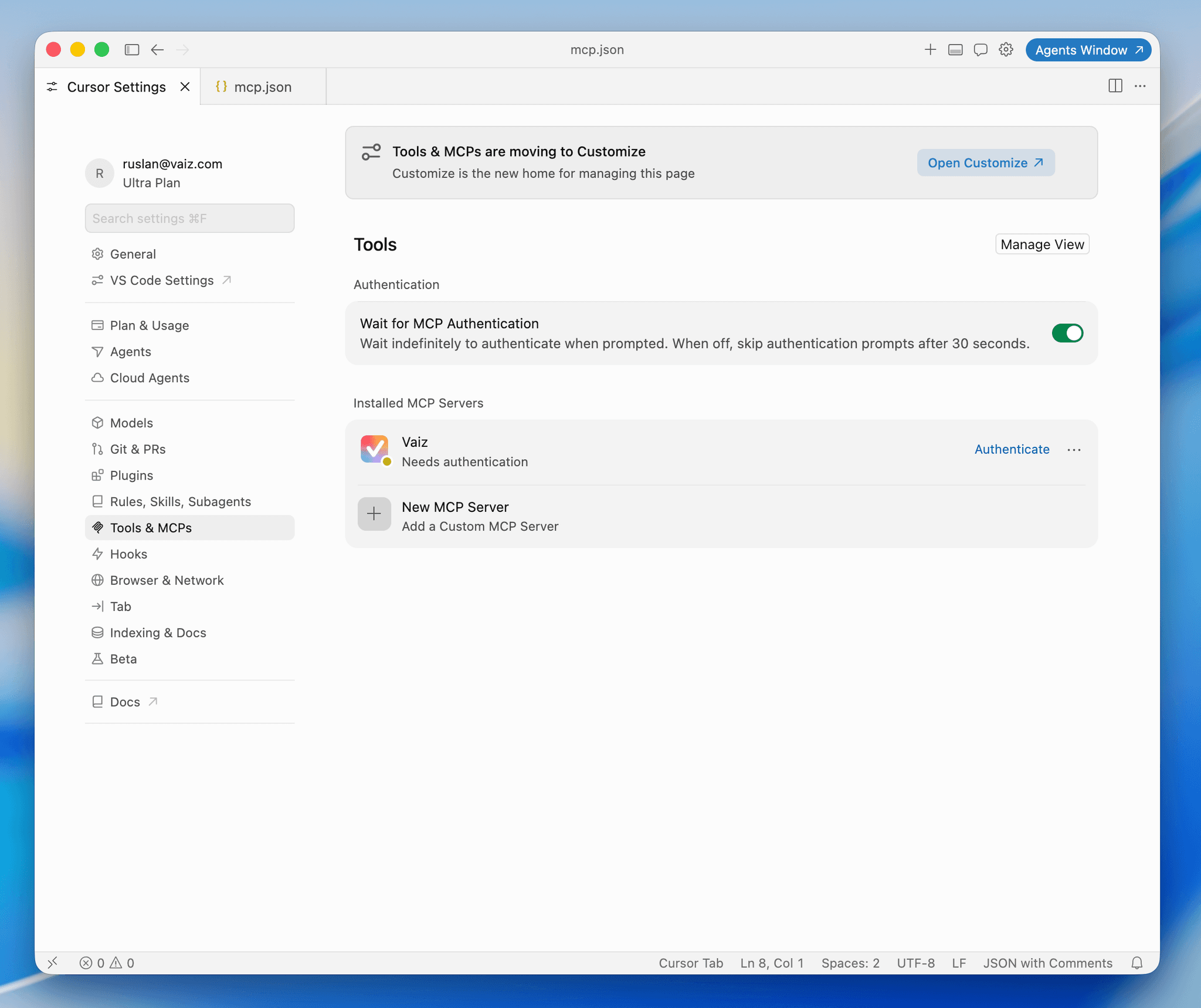 Vaiz server with the Authenticate action in Cursor settings