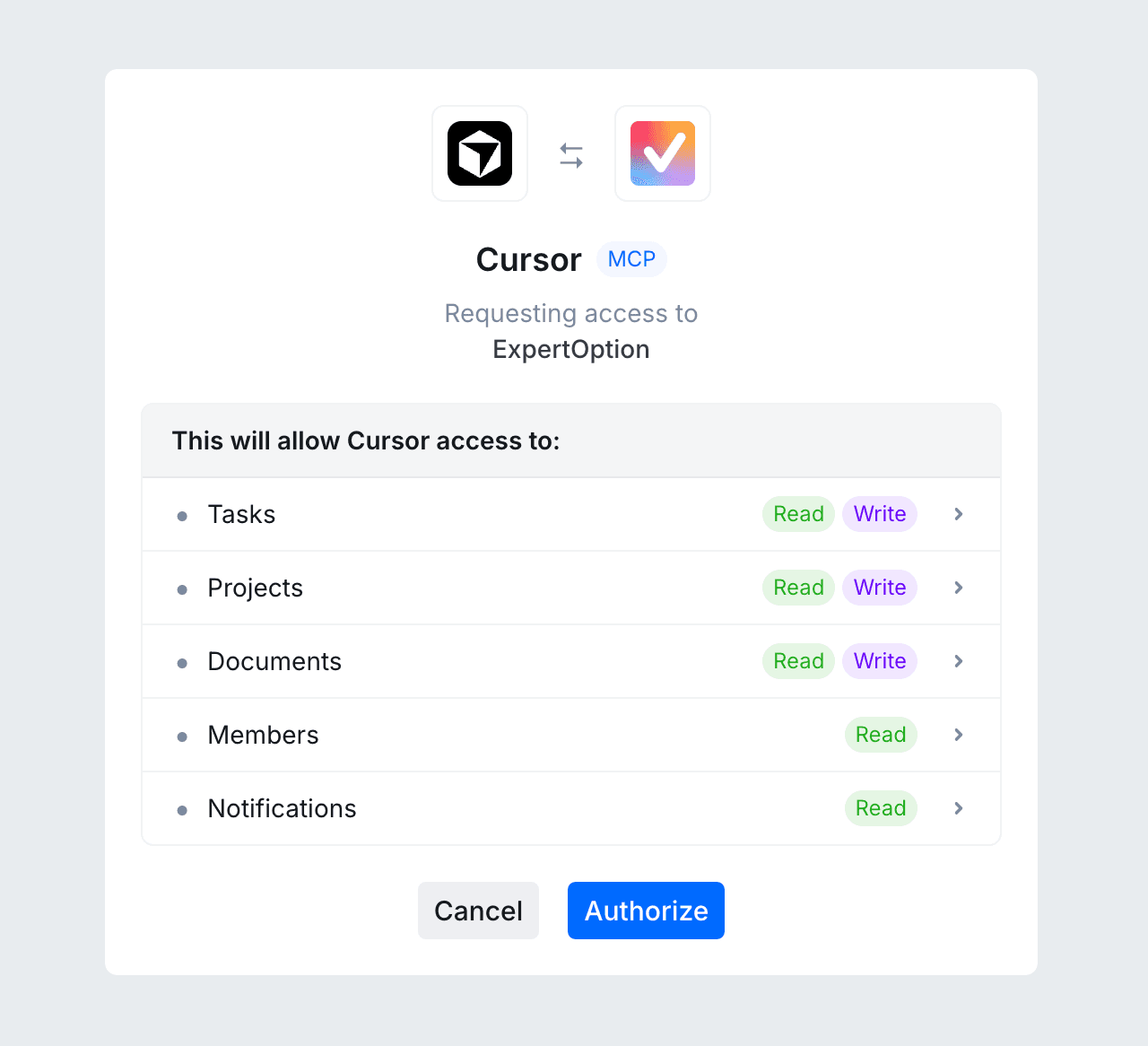 Vaiz authorization page with requested access for Cursor