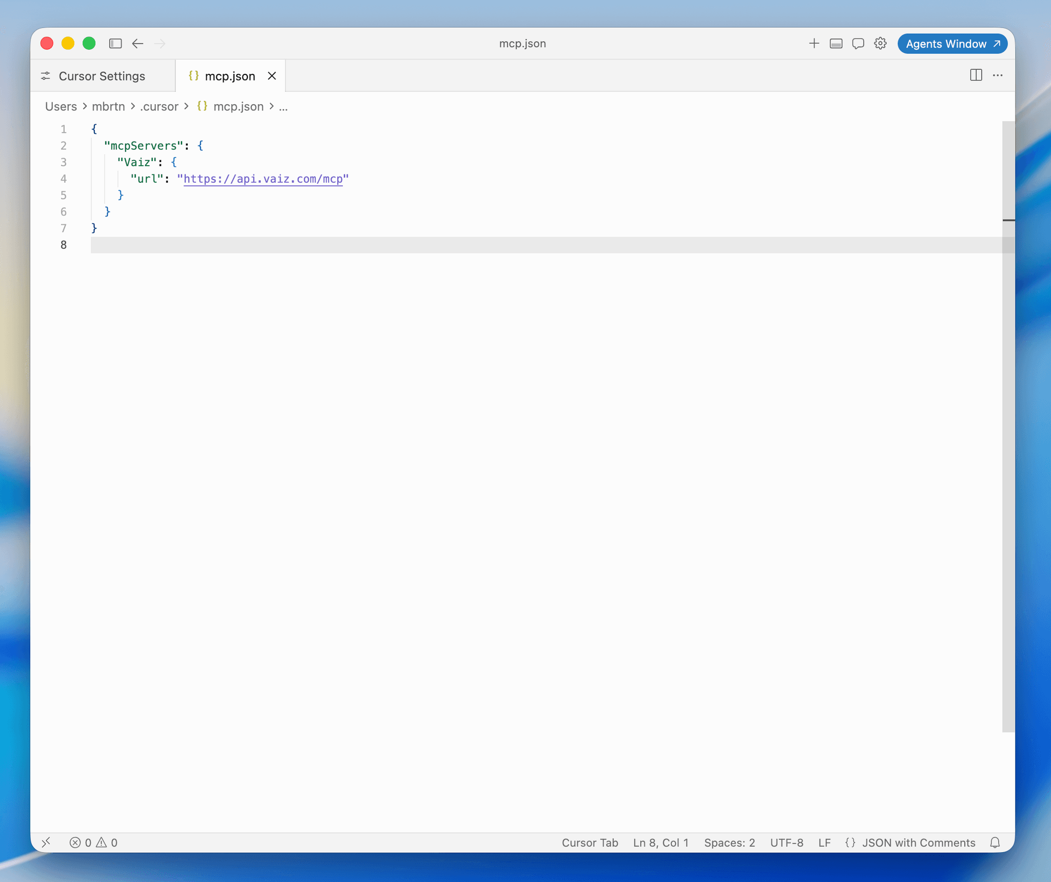 Vaiz MCP server URL in the mcp.json file