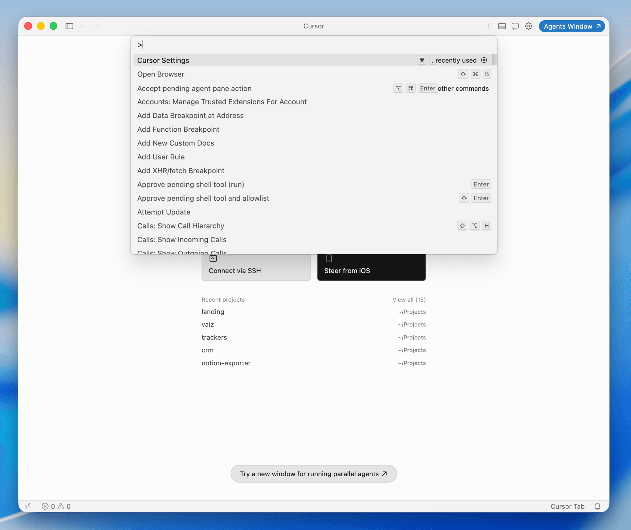 Opening Cursor Settings from the command palette