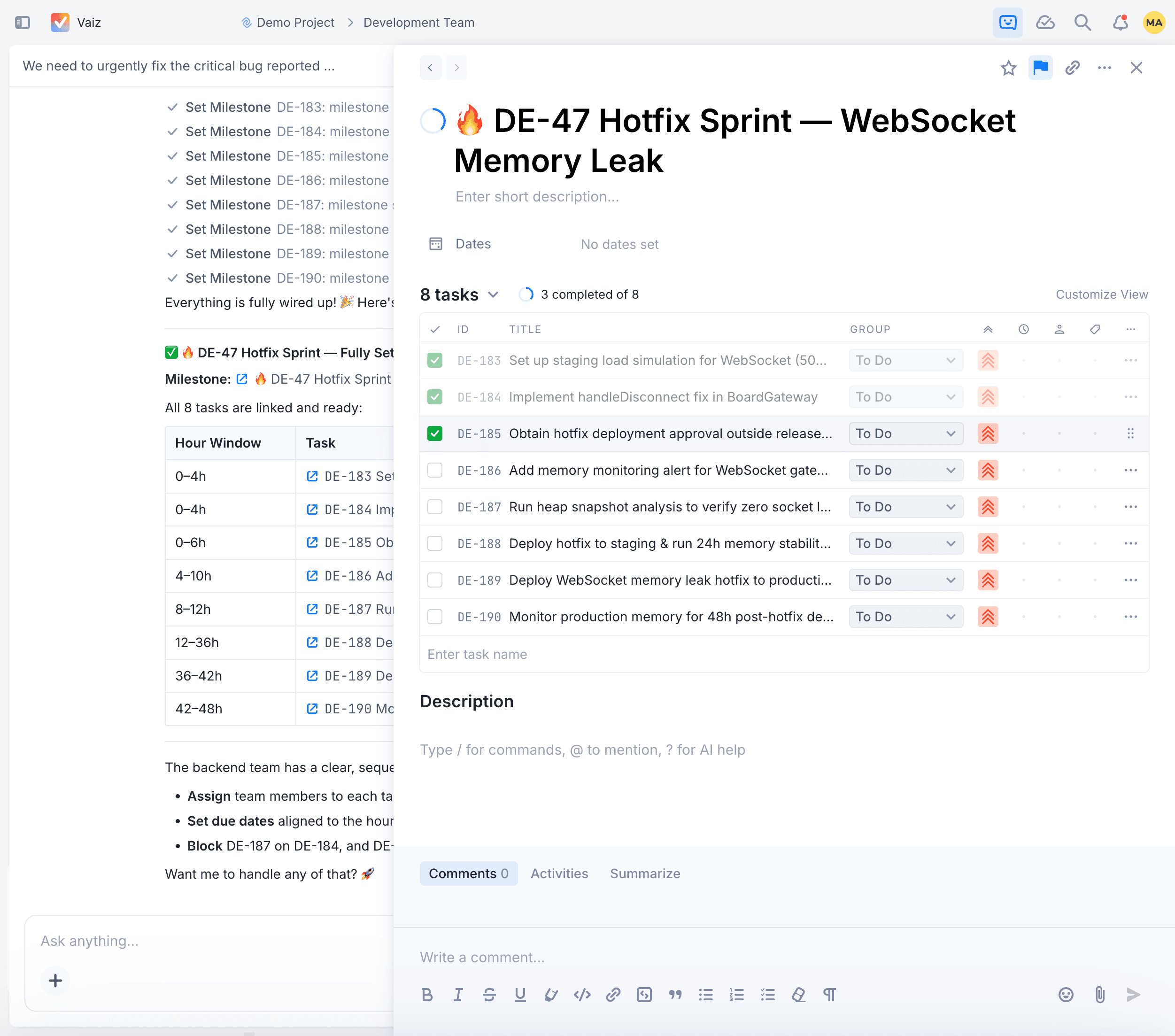 Vaiz AI creating a milestone with structured task list