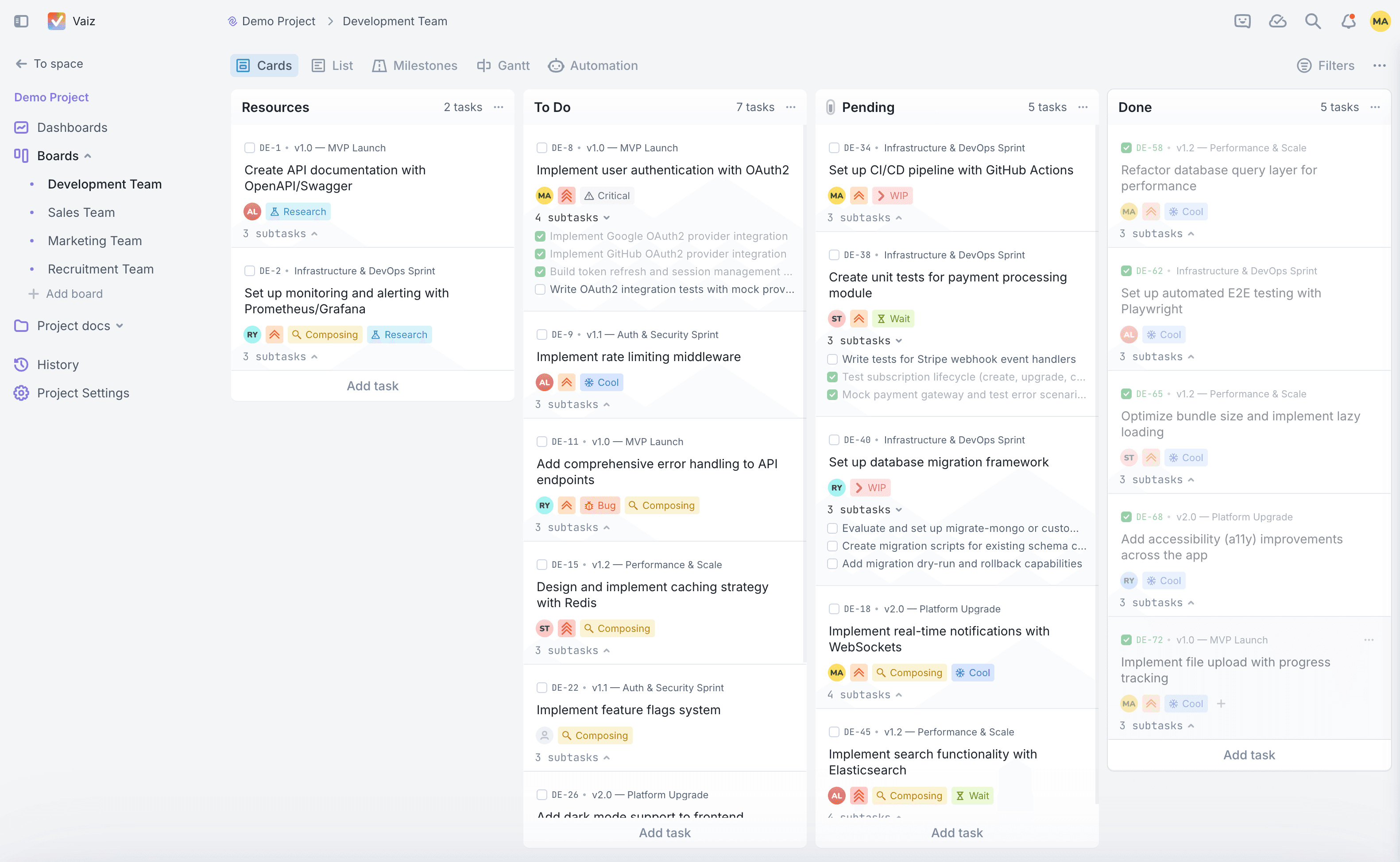 Vaiz Kanban board with WIP limits and task cards