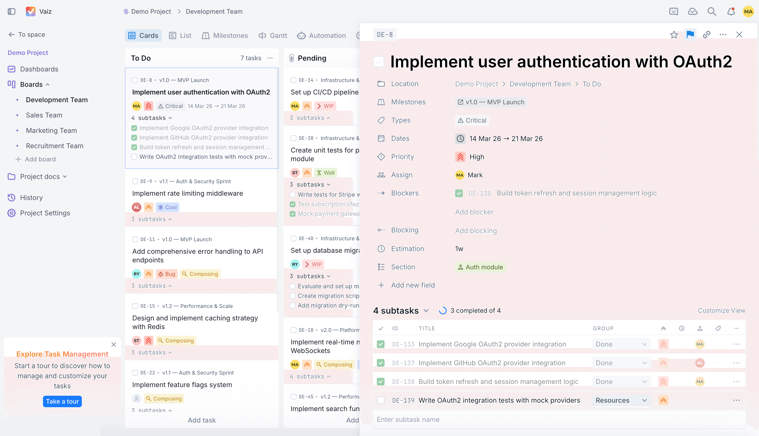 Vaiz task with rich content, subtasks, and custom fields