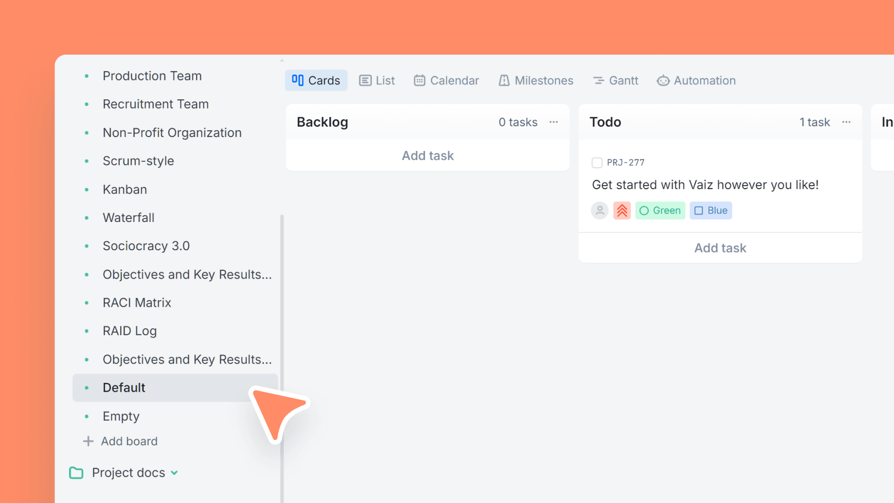 Simple task workflow with backlog, to-do, in-progress, and done columns