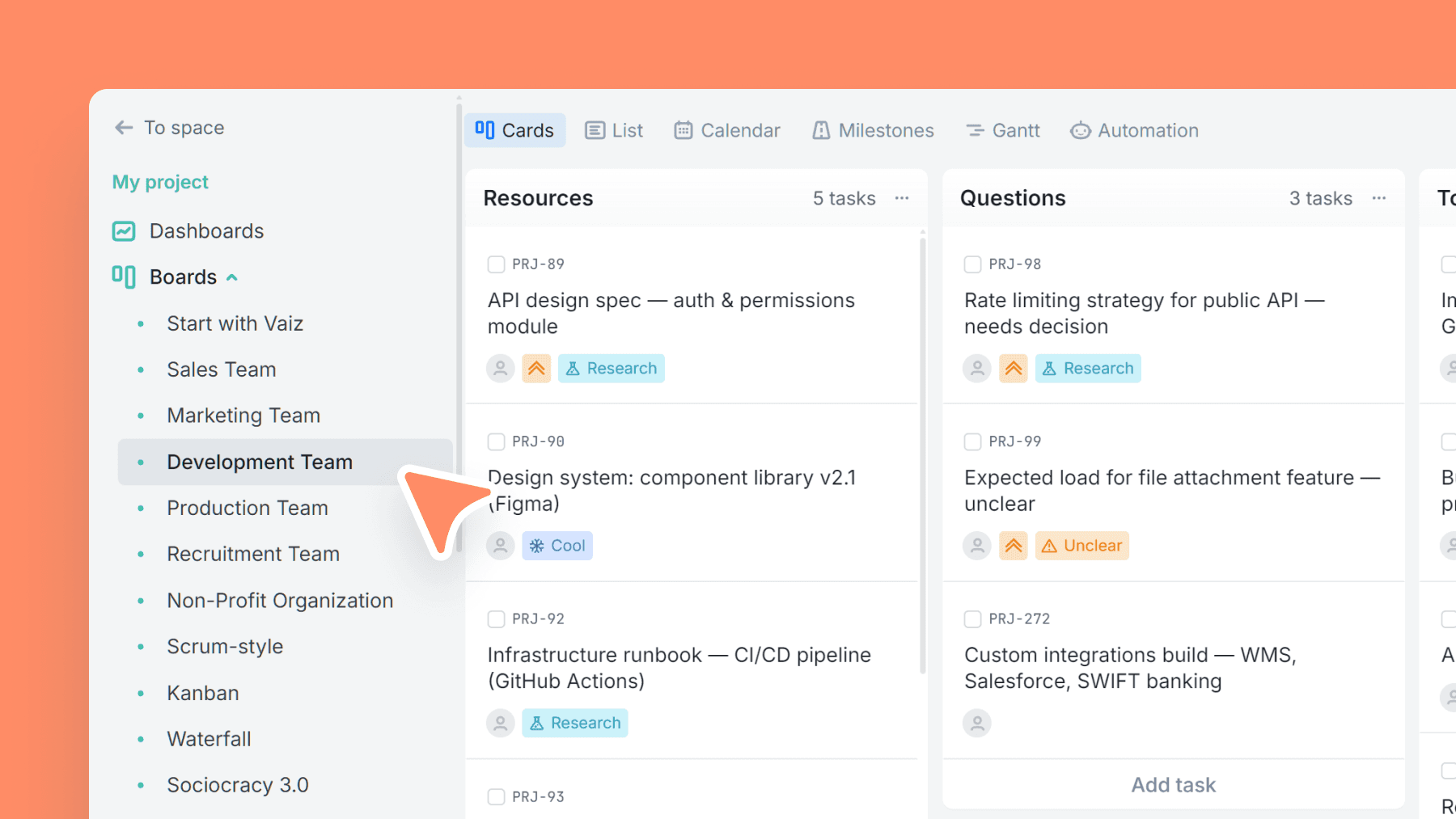 Engineering tasks grouped by resources, questions, active work, blockers, and completed work