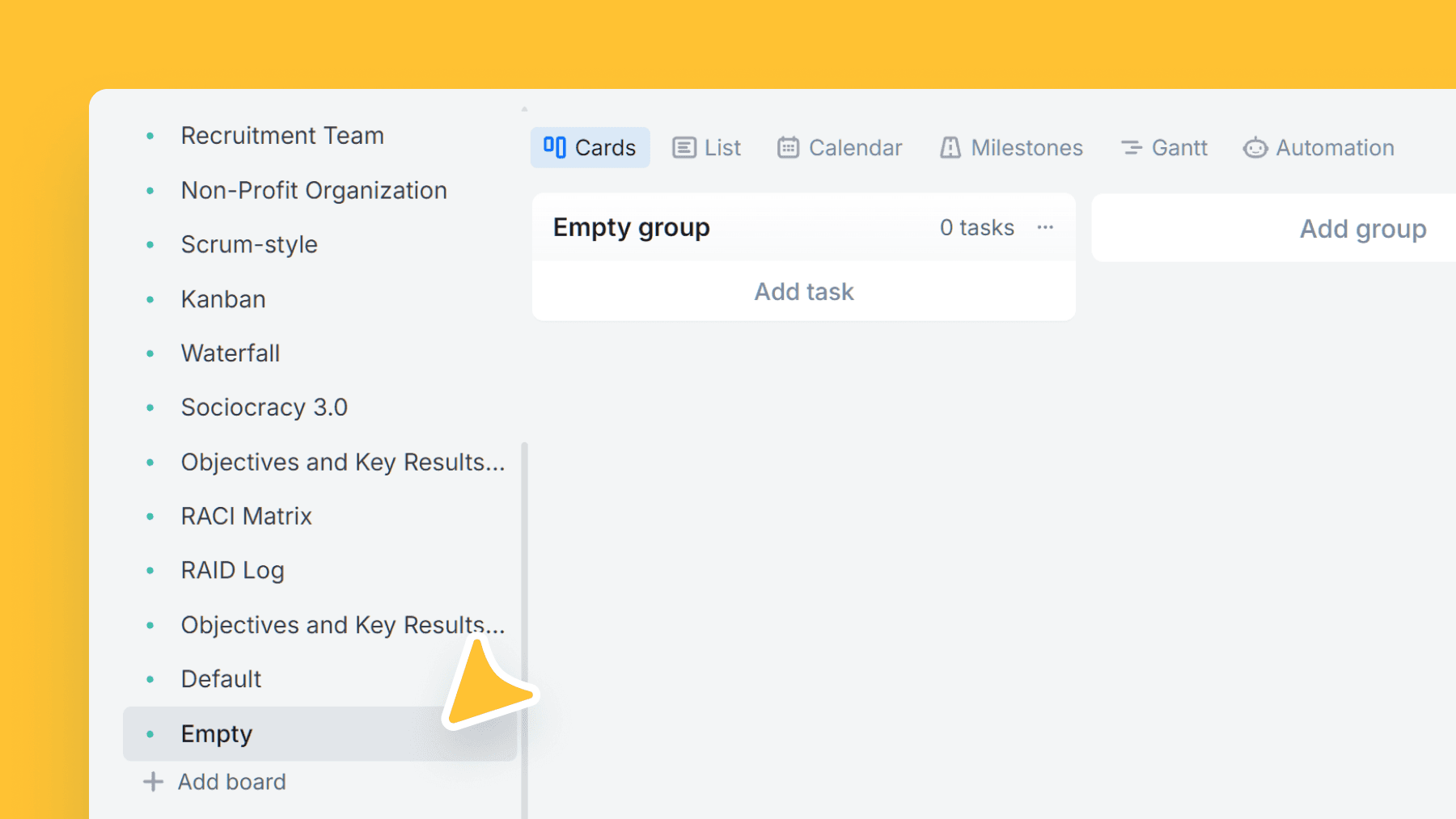 Blank project board ready for custom columns, tasks, and fields