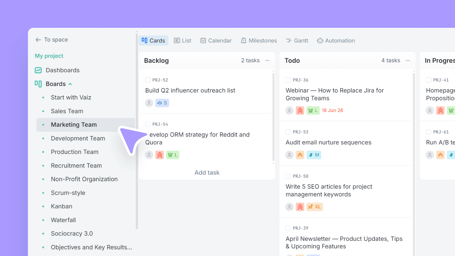 Campaign tasks organized across backlog, production, review, and completion stages