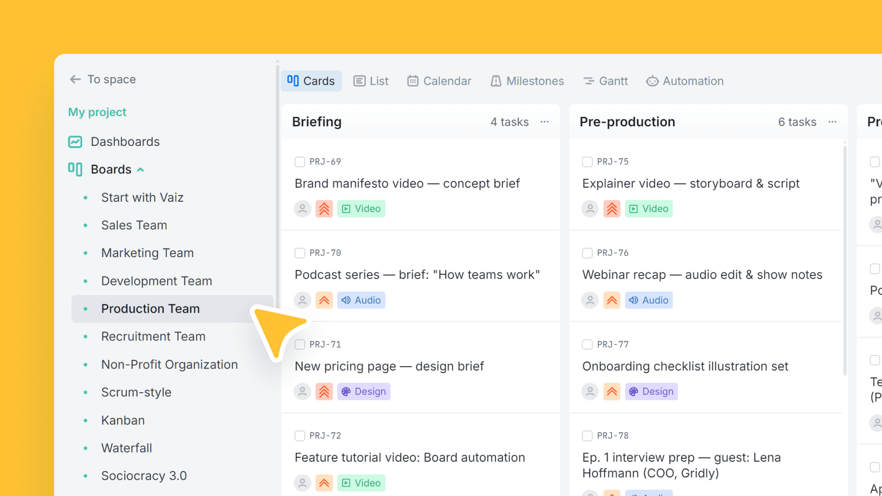 Content projects moving from briefing through production, distribution, and post-launch