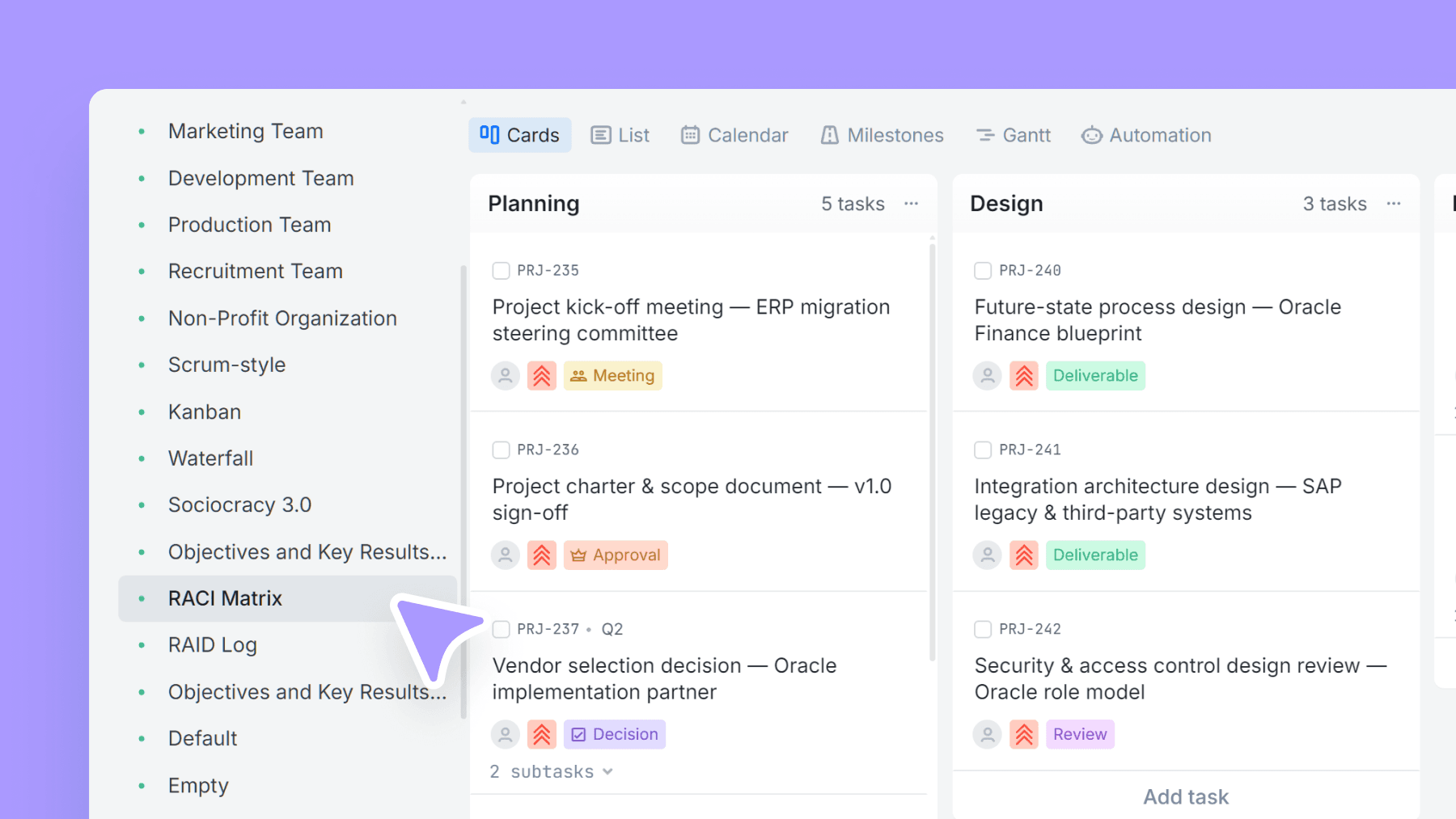 Project responsibilities assigned across planning, development, testing, and deployment phases