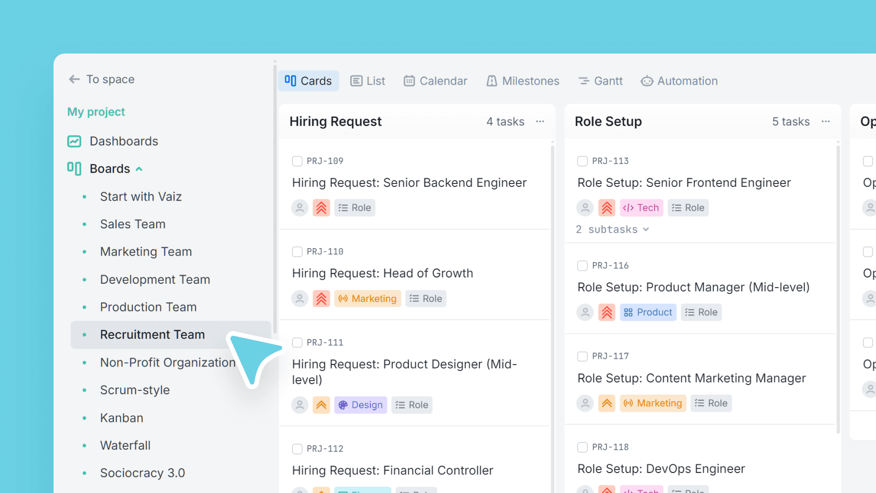 Hiring pipeline tracking open roles and candidates from sourcing to onboarding