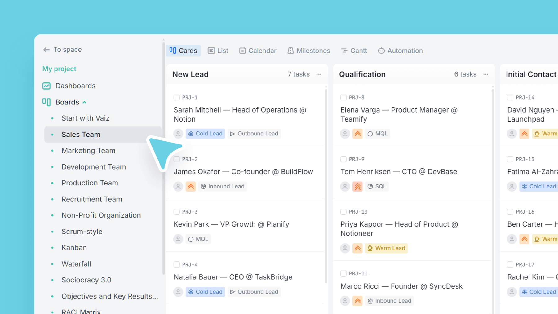CRM pipeline with lead cards moving from qualification to closed deals