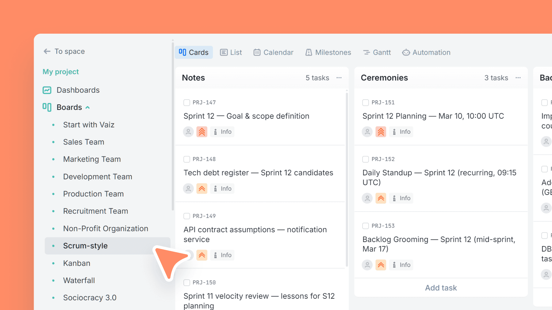 Sprint work arranged across backlog, active development, testing, and completed stages