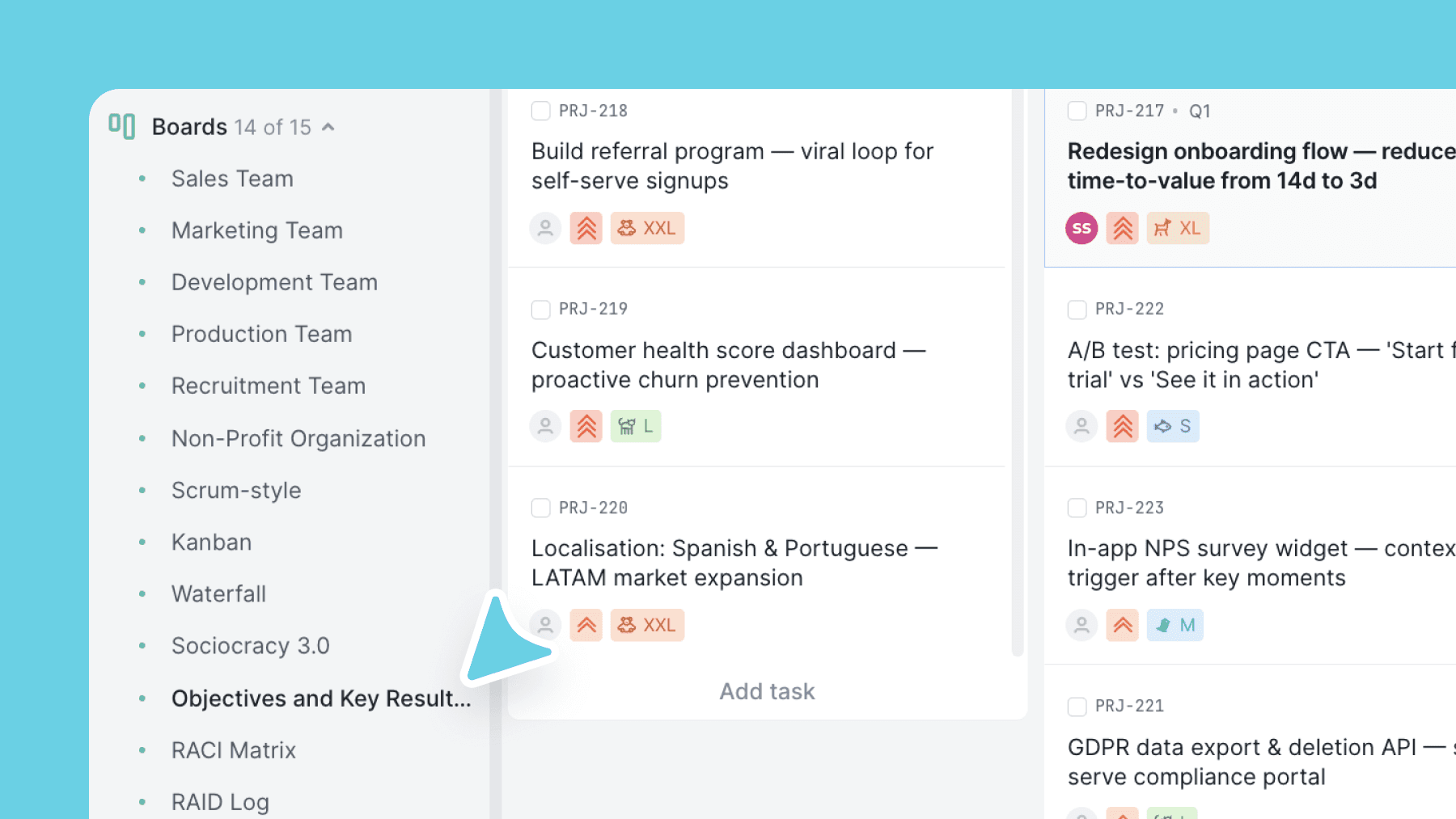 OKR template in use inside a Vaiz project space