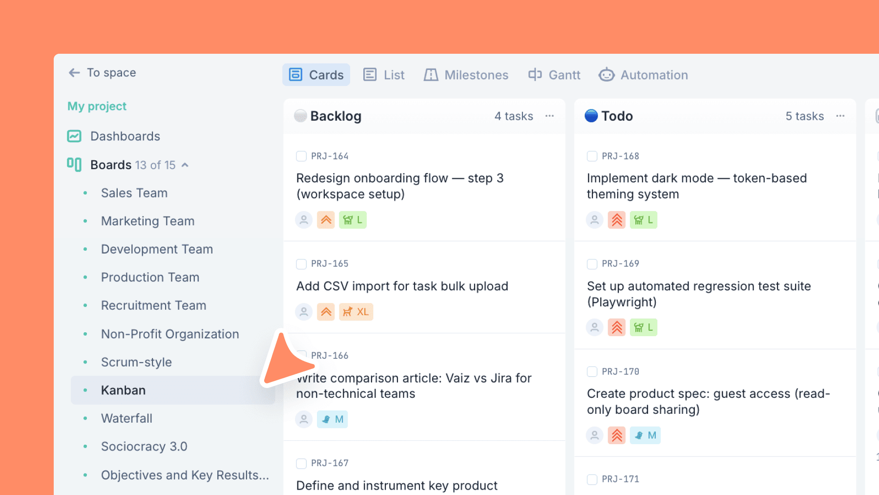 Kanban board template columns in Vaiz