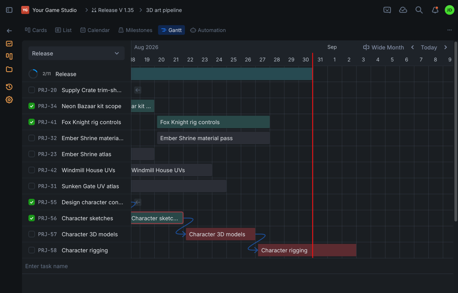 Vaiz Gantt view for a game release plan